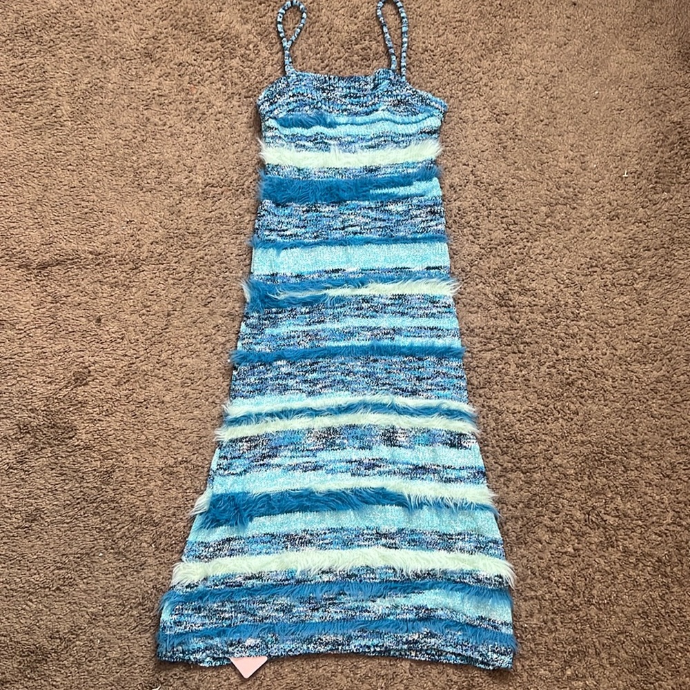 Feather detail stripe cami knit midi dress